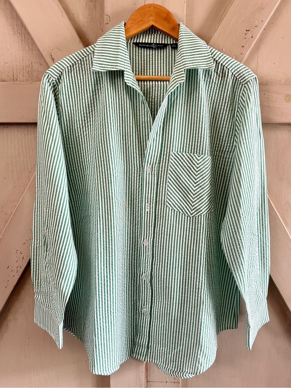 Duffield Lane Bobbi Button Down Shirt Green White Striped 100% Cotton Women’s L
